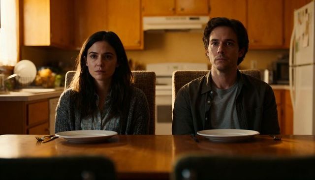 Couple sitting in silent dinner scene at kitchen table with empty plates and tense mood