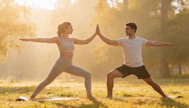 Couple practicing partner yoga at sunrise in park during golden hour, outdoor fitness