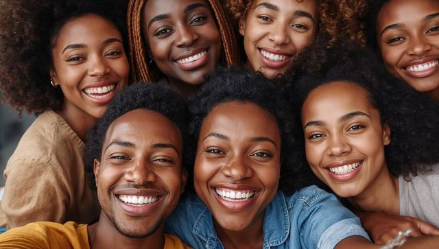 Closeup Smiling Young Black Friends Leaning Close for Selfie Celebrating Togetherness