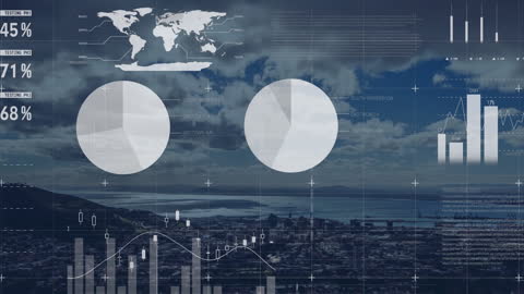 Global Business Statistics and Data Visualization Over City Skyline