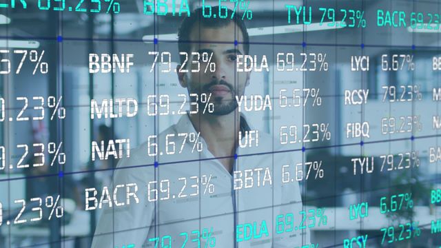 A businessman is studying stock market data projected in a modern office environment, showcasing a digital interface and an array of percentages indicating fluctuations or changes. This image can be used to represent financial analysis, business strategy development, technology integration in workplaces, or corporate finance articles.