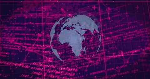 Dotted globe over neon magenta data grid showing Africa-Europe network and cyber analytics
