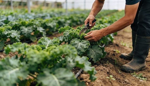 Farmer trimming fresh kale in greenhouse using pruning shears and drip irrigation