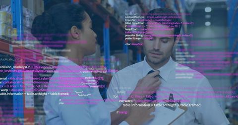 Warehouse staff discussing inventory while digital code overlay signals smart logistics