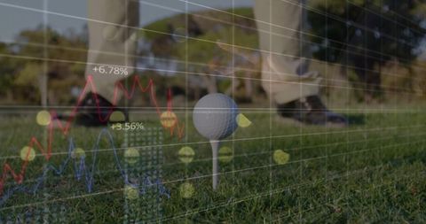 Golfer teeing off with financial analytics overlay on course
