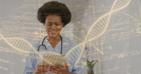 Healthcare professional reviewing tablet with genomic dna helix and digital code overlay