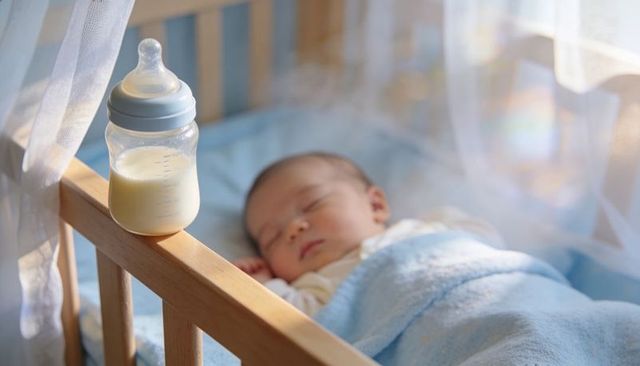 Sleeping newborn in sunlit wooden crib with milk bottle on rail, soft pastel nursery