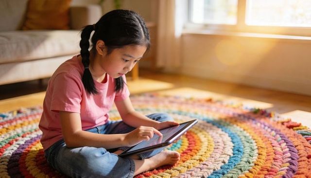 Young asian girl concentrating on tablet on colorful braided rug in sunlit living room