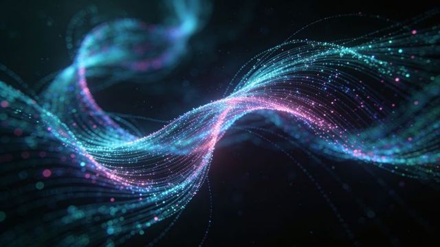 Flowing neon particle wave twisting through digital space with glowing filaments