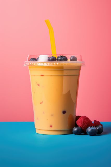 Yellow fruit smoothie and berries on pink background, created using generative ai technology. Fruit smoothie, food and drink, healthy eating concept digitally generated image.