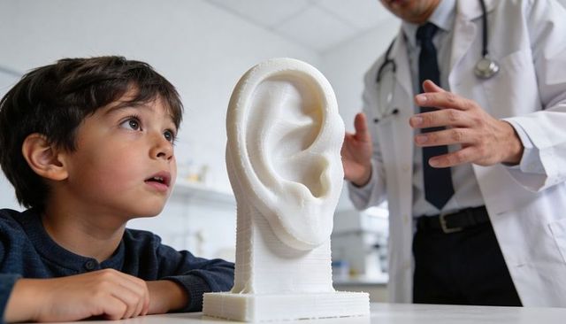 Doctor explaining 3d ear model to curious child during pediatric consultation ent education