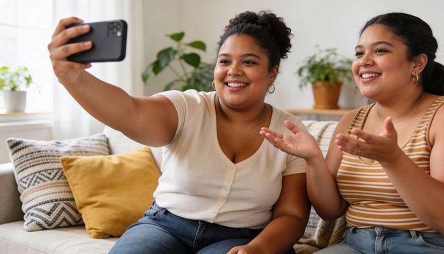 Two friends taking cheerful selfie on sofa with houseplants, cozy pillows, casual tops