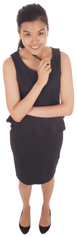 Smiling Asian Businesswoman Holding Pen on Chin, Transparent Background