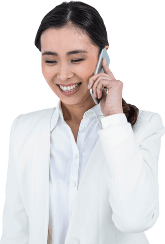 Smiling businesswoman in white jacket using smartphone transparent png