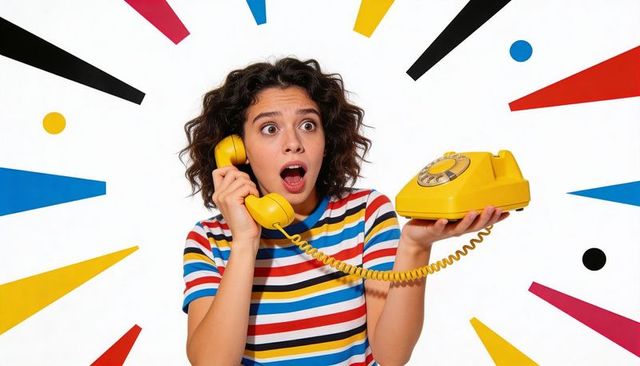 Surprised hispanic teen holding retro yellow rotary phone wearing colorful striped tee