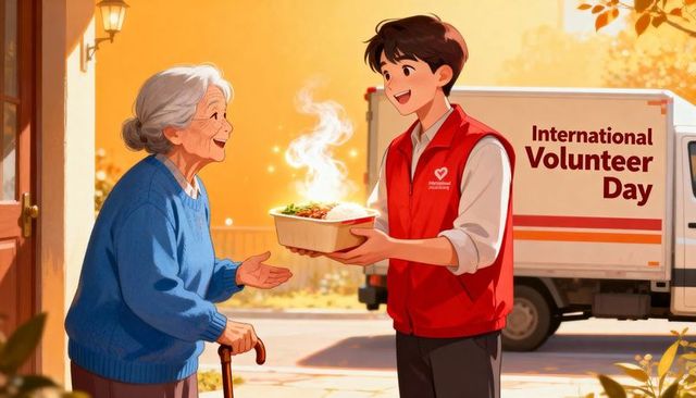 Volunteer delivering hot meal to elderly woman on autumn doorstep for international volunteer day