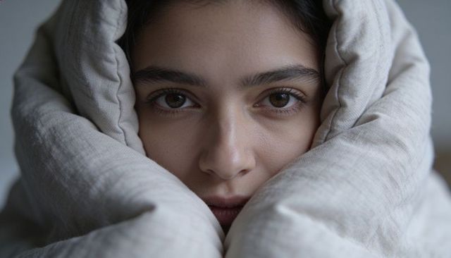 Closeup portrait of woman snuggling into soft beige quilt looking calm and cozy