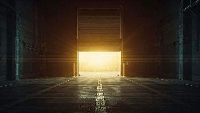 Sunrays Penetrate through Open Shutter in Warehouse