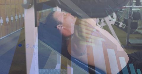 Incline bench press with data overlay showing fitness analytics and strength training