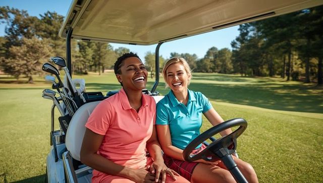 Joyful golfers enjoying friendship on golf cart