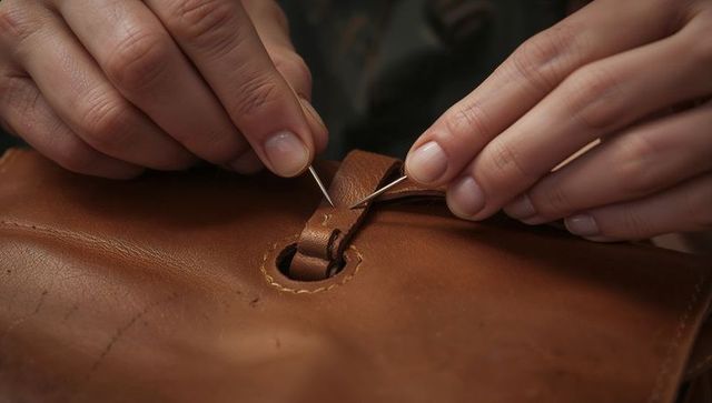 Hand-Stitching Leather Strap with Awls Close-Up, Rustic Patina and Detailed Grain