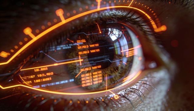Futuristic human eye reflecting hud overlay projecting orange augmented reality data