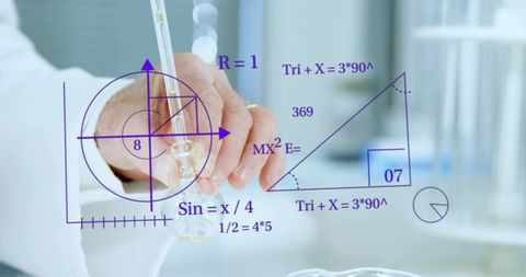 Digital overlay of scientific formulas with scientist in lab