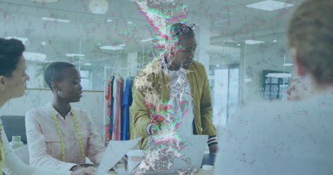 Diverse Team Collaborates Amidst Digital Data Flow Overlay