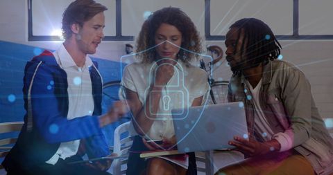 Diverse Team Discussing Cybersecurity Solutions with a Focused Expression