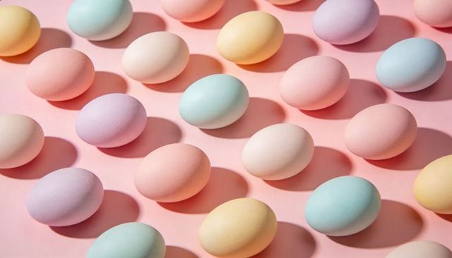 Pastel easter eggs forming diagonal grid on pink background flatlay minimal composition
