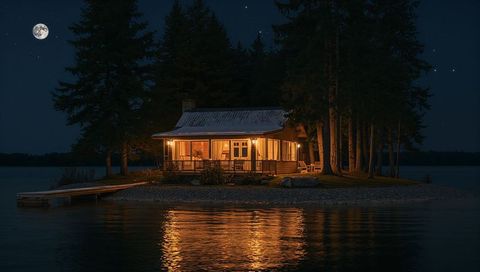 Moonlit Lake Cabin Retreat with Glowing Porch Lights and Dock Reflection