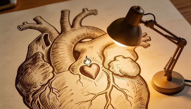 Anatomical heart illustration under desk lamp with flaming heart detail in sepia