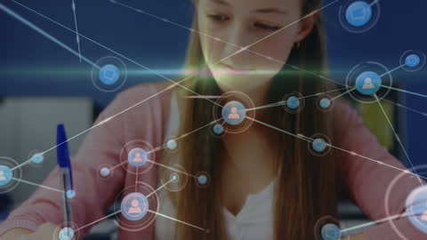 Student Surrounded by Digital Connections Depicts Modern Education