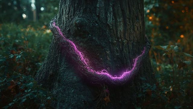Mystical neon light wrapped around tree in dusk woodlands