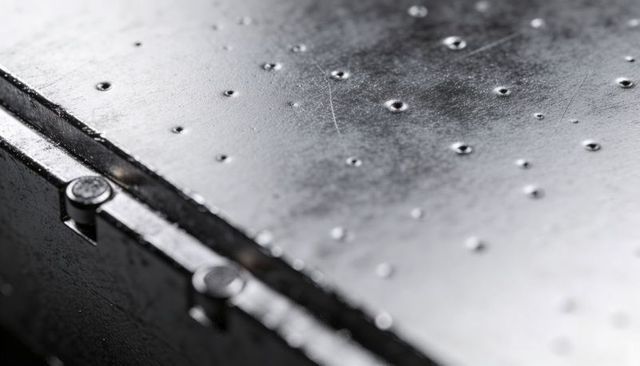 Macro closeup riveted steel panel with diagonal seam and brushed scratched metal texture