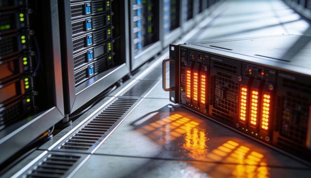 Pulled rack server chassis with amber led arrays on raised floor in data center aisle