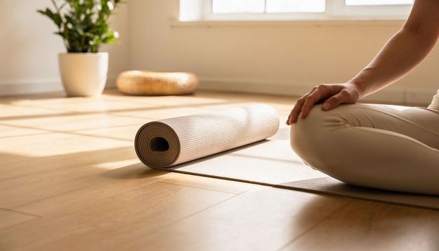 Sunlit minimalist yoga practice at home with rolled mat and serene seated pose for wellness
