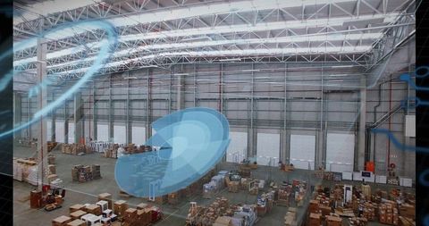 Augmented reality overlay showing pallet layout and inventory flow in large warehouse