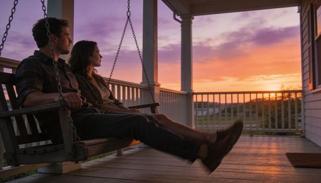 Couple watching sunset on porch swing with rustic farmhouse view and golden purple sky