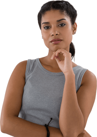 Thoughtful Young Woman Posing with Hand on Chin Transparent Background