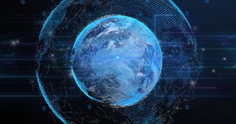 Rotating Holographic Earth Globe Showing Global Network Nodes and Data Streams in Cyan