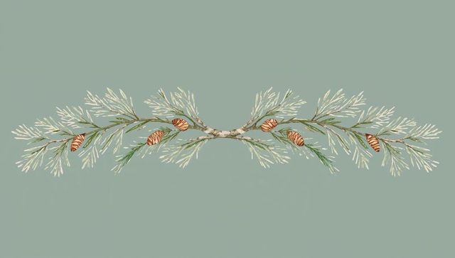Hand-drawn watercolor evergreen garland border with pinecones on sage green backdrop