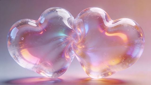 Iridescent fused heart glass sculptures reflecting pastel light and prism caustics