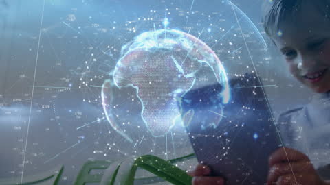 Boy Engaging with Technology and Global Network Hologram