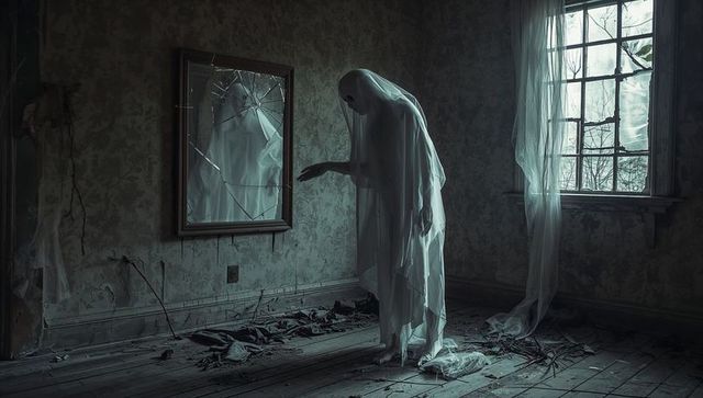 Ghostly Figure in Abandoned House Facing Shattered Mirror