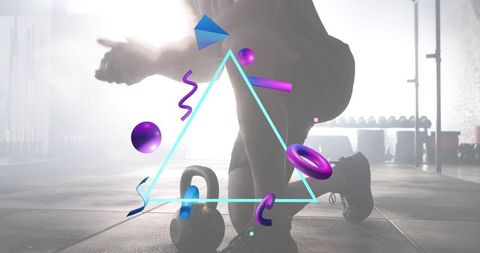 Kneeling female athlete gripping kettlebell backlit gym silhouette cyan triangle overlay