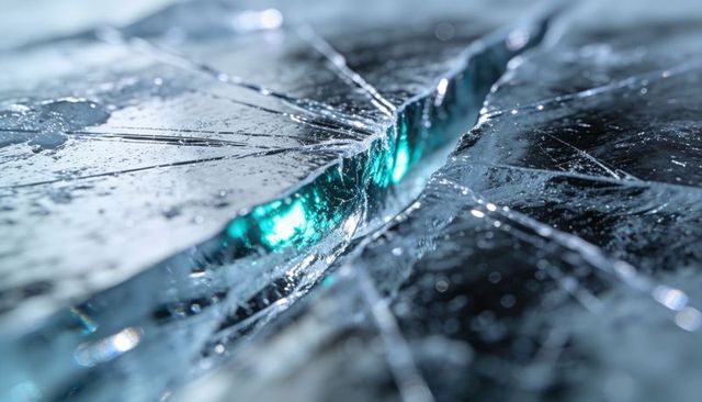 Macro fractured glass fissure glowing turquoise with water droplets and reflective bokeh