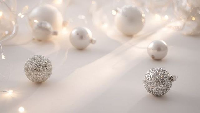Resting sparkling silver christmas ornaments on cream surface with warm bokeh lights