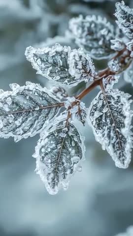 Vertical macro video showing serrated leaves encased in crystal ice with soft bokeh