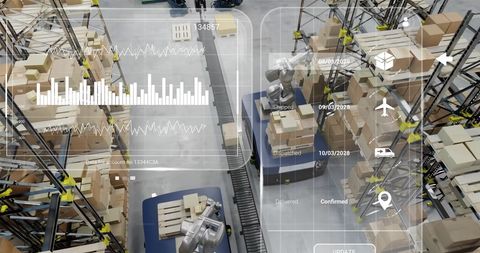 Futuristic Warehouse Technology with Digital Interfaces